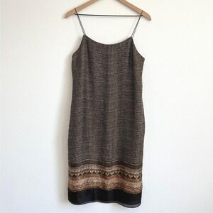 90s Vintage Ann Taylor‎ Silk Slip Dress Boho Earthy Tribal Print Quiet Luxury 8